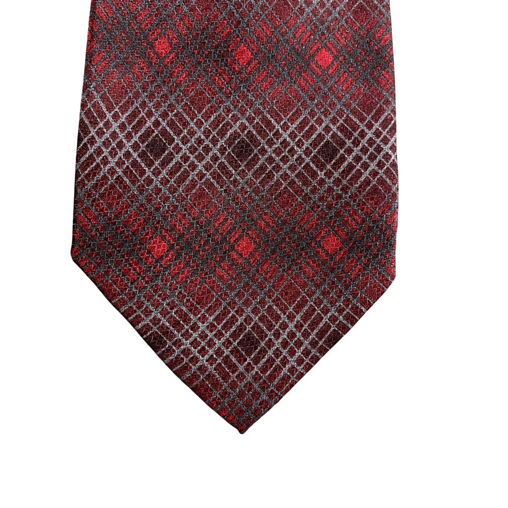 Kenneth Cole New York Mens Silk Tie Burgundy Red Grey Plaid Geometric 1190